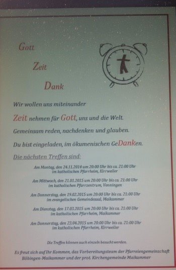 Ökumenisches Abendtreffen „Gott-Zeit-Dank“ Ein Plakat mit einem Wecker und der Überschrift „Gott-Zeit-Dank“ beschreibt die Intention dieser Aktion
