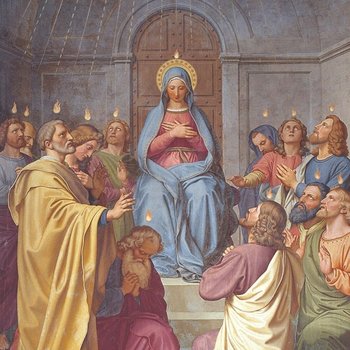 Fresko mit Maria und den Jüngern und kleinen Flammen über ihren Köpfen